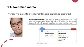 O Autoconhecimento
• Autoconhecimento é fundamental para caminhos assertivos!
Autoconhecimento = O que eu tenho desenvolvido? + O
que eu tenho que desenvolver? + O que me interessa
desenvolver? + O que eu preciso, mas não me interessa?
Prof. Renato Soares
 