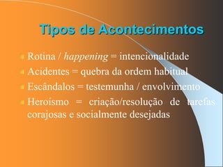 Rotina / happening = intencionalidade
Acidentes = quebra da ordem habitual
Escândalos = testemunha / envolvimento
Heroísmo = criação/resolução de tarefas
corajosas e socialmente desejadas
Tipos de Acontecimentos
 