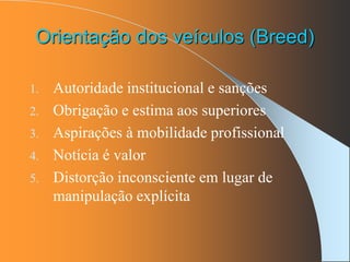 Orientação dos veículos (Breed)
1. Autoridade institucional e sanções
2. Obrigação e estima aos superiores
3. Aspirações à mobilidade profissional
4. Notícia é valor
5. Distorção inconsciente em lugar de
manipulação explícita
 