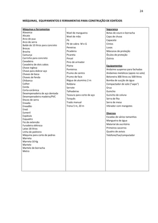 24 
MÁQUINAS, EQUIPAMENTOS E FERRAMENTAS PARA CONSTRUÇÃO DE EDIFÍCIOS 
Máquinas e ferramentas 
Alavanca 
Alicate 
Arco de pua 
Arco de serra 
Balde de 10 litros para concreto 
Brocas 
Brocha 
Camurça 
Carrinho para concreto 
Cavadeira 
Cavadeira de dois cabos 
Chave inglesa 
Chave para dobrar aço 
Chaves de boca 
Chaves de fenda 
Chibanca 
Colher 
Corda 
Corta-cerâmica 
Desempenadeira de aço dentada 
Desempenadeira madeira/PVC 
Discos de serra 
Enxada 
Enxadão 
Enxó 
Esmeril 
Espátula 
Esquadro 
Fio de extensão 
Furadeira elétroca 
Latas 18 litros 
Linha de pedreiro 
Máquina para corte de pedras 
Marreta 
Marreta 10 Kg 
Martelo 
Martelo de borracha 
Metro 
Segurança 
Nível de mangueira Botas de couro e borracha 
Nível de mão Capa de chuva 
Pá Capacete 
Pé de cabra M e G Cintos 
Peneiras Luvas 
Picadeira Máscaras de proteção 
Picareta Óculos de proteção 
Pincel Outros 
Pino de armador 
Plaina Equipamentos 
Ponteiros Andaime suspenso para fachadas 
Prumo de centro Andaimes metálicos (apoio no solo) 
Prumo de face Betoneira 300 litros ou 500 litros 
Régua de alumínio 2 m Bomba de sucção de água 
Roldana Compactador de solo ("sapo") 
Serrote Grua 
Talhadeiras Guincho 
Tesoura para corte de aço Guincho de coluna 
Torquês Serra de fita 
Trado manual Serra de mesa 
Trena 5 m, 20 m Vibrador com mangotes 
Diversos 
Escadas de vários tamanhos 
Mangueira de água 
Material de escritório 
Primeiros socorros 
Quadro de avisos 
Telefone/Fax/computador 
 