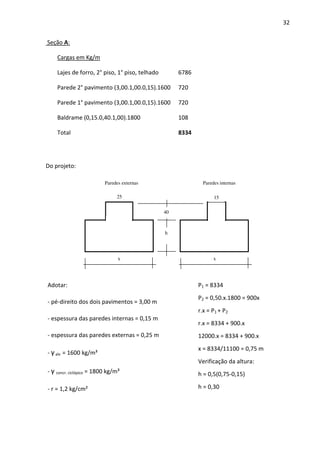 32 
Seção A: 
Cargas em Kg/m 
Lajes de forro, 2° piso, 1° piso, telhado 6786 
Parede 2° pavimento (3,00.1,00.0,15).1600 720 
Parede 1° pavimento (3,00.1,00.0,15).1600 720 
Baldrame (0,15.0,40.1,00).1800 108 
Total 8334 
Do projeto: 
Paredes externas Paredes internas 
25 15 
40 
h 
x x 
Adotar: 
- pé-direito dos dois pavimentos = 3,00 m 
- espessura das paredes internas = 0,15 m 
- espessura das paredes externas = 0,25 m 
- γ alv = 1600 kg/m³ 
- γ concr. ciclópico = 1800 kg/m³ 
- r = 1,2 kg/cm² 
P1 = 8334 
P2 = 0,50.x.1800 = 900x 
r.x = P1 + P2 
r.x = 8334 + 900.x 
12000.x = 8334 + 900.x 
x = 8334/11100 = 0,75 m 
Verificação da altura: 
h = 0,5(0,75-0,15) 
h = 0,30 
 