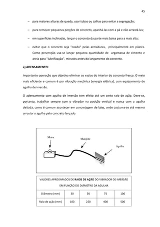 45 
− para maiores alturas de queda, usar tubos ou calhas para evitar a segregação; 
− para remover pequenas porções de concreto, apanhá-las com a pá e não arrastá-las; 
− em superfícies inclinadas, lançar o concreto da parte mais baixa para a mais alta; 
− evitar que o concreto seja coado pelas armaduras, principalmente em pilares. 
Como prevenção usa-se lançar pequena quantidade de argamassa de cimento e 
areia para lubrificação, minutos antes do lançamento do concreto. 
e) ADENSAMENTO: 
Importante operação que objetiva eliminar os vazios do interior do concreto fresco. O meio 
mais eficiente e comum é por vibração mecânica (energia elétrica), com equipamento de 
agulha de imersão. 
O adensamento com agulha de imersão tem efeito até um certo raio de ação. Deve-se, 
portanto, trabalhar sempre com o vibrador na posição vertical e nunca com a agulha 
deitada, como é comum acontecer em concretagem de lajes, onde costuma-se até mesmo 
arrastar a agulha pelo concreto lançado. 
Agulha 
Motor Mangote 
VALORES APROXIMADOS DE RAIOS DE AÇÃO DO VIBRADOR DE IMERSÃO 
EM FUNÇÃO DO DIÂMETRO DA AGULHA 
Diâmetro (mm) 30 50 75 100 
Raio de ação (mm) 100 250 400 500 
 