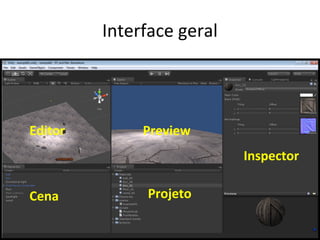 Interface geral

Editor

Preview
Inspector

Cena

Projeto

 