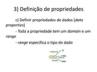 3) Definição de propriedades
     c) Definir propriedades de dados (data
properties)
     - Toda a propriedade tem um domain e um
range
     - range especifica o tipo de dado
 