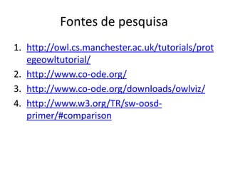 Fontes de pesquisa
1. http://owl.cs.manchester.ac.uk/tutorials/prot
   egeowltutorial/
2. http://www.co-ode.org/
3. http://www.co-ode.org/downloads/owlviz/
4. http://www.w3.org/TR/sw-oosd-
   primer/#comparison
 
