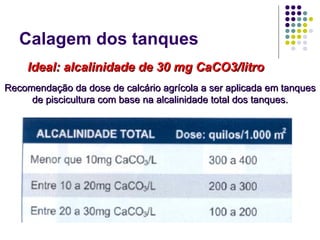 Calagem dos tanques
    Ideal: alcalinidade de 30 mg CaCO3/litro
Recomendação da dose de calcário agrícola a ser aplicada em tanques
     de piscicultura com base na alcalinidade total dos tanques.
 