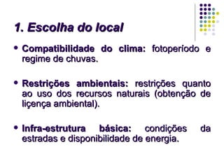 1. Escolha do local
   Compatibilidade do clima: fotoperíodo e
    regime de chuvas.

   Restrições ambientais: restrições quanto
    ao uso dos recursos naturais (obtenção de
    liçença ambiental).

   Infra-estrutura básica: condições        da
    estradas e disponibilidade de energia.
 