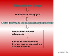 Ana Souto e Melo Educação em Grupo Grande valor pedagógico Grande influência na integração da criança na sociedade Favorece o espírito de colaboração + Junção de conhecimentos diversos para se conseguirem criações artísticas 