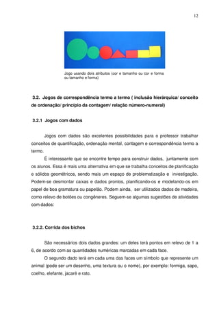 12




                  Jogo usando dois atributos (cor e tamanho ou cor e forma
                  ou tamanho e forma)




3.2. Jogos de correspondência termo a termo ( inclusão hierárquica/ conceito
de ordenação/ princípio da contagem/ relação número-numeral)


3.2.1 Jogos com dados


         Jogos com dados são excelentes possibilidades para o professor trabalhar
conceitos de quantificação, ordenação mental, contagem e correspondência termo a
termo.
         É interessante que se encontre tempo para construir dados, juntamente com
os alunos. Essa é mais uma alternativa em que se trabalha conceitos de planificação
e sólidos geométricos, sendo mais um espaço de problematização e investigação.
Podem-se desmontar caixas e dados prontos, planificando-os e modelando-os em
papel de boa gramatura ou papelão. Podem ainda, ser utilizados dados de madeira,
como relevo de botões ou congêneres. Seguem-se algumas sugestões de atividades
com dados:




3.2.2. Corrida dos bichos


         São necessários dois dados grandes: um deles terá pontos em relevo de 1 a
6, de acordo com as quantidades numéricas marcadas em cada face.
         O segundo dado terá em cada uma das faces um símbolo que represente um
animal (pode ser um desenho, uma textura ou o nome), por exemplo: formiga, sapo,
coelho, elefante, jacaré e rato.
 