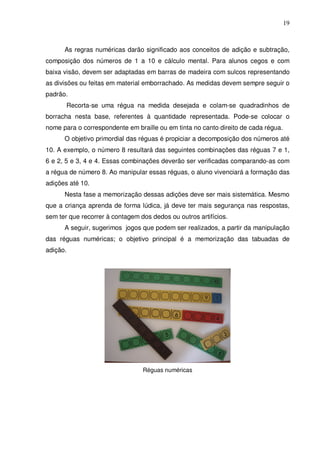 19



      As regras numéricas darão significado aos conceitos de adição e subtração,
composição dos números de 1 a 10 e cálculo mental. Para alunos cegos e com
baixa visão, devem ser adaptadas em barras de madeira com sulcos representando
as divisões ou feitas em material emborrachado. As medidas devem sempre seguir o
padrão.
       Recorta-se uma régua na medida desejada e colam-se quadradinhos de
borracha nesta base, referentes à quantidade representada. Pode-se colocar o
nome para o correspondente em braille ou em tinta no canto direito de cada régua.
      O objetivo primordial das réguas é propiciar a decomposição dos números até
10. A exemplo, o número 8 resultará das seguintes combinações das réguas 7 e 1,
6 e 2, 5 e 3, 4 e 4. Essas combinações deverão ser verificadas comparando-as com
a régua de número 8. Ao manipular essas réguas, o aluno vivenciará a formação das
adições até 10.
      Nesta fase a memorização dessas adições deve ser mais sistemática. Mesmo
que a criança aprenda de forma lúdica, já deve ter mais segurança nas respostas,
sem ter que recorrer à contagem dos dedos ou outros artifícios.
      A seguir, sugerimos jogos que podem ser realizados, a partir da manipulação
das réguas numéricas; o objetivo principal é a memorização das tabuadas de
adição.




                                 Réguas numéricas
 