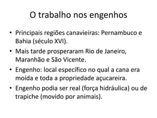 O trabalho nos engenhos
• Principais regiões canavieiras: Pernambuco e
Bahia (século XVI).
• Mais tarde prosperaram Rio de Janeiro,
Maranhão e São Vicente.
• Engenho: local específico no qual a cana era
moída e toda a propriedade açucareira.
• Engenho podia ser real (força hidráulica) ou de
trapiche (movido por animais).
 