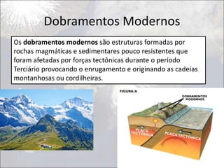 Dobramentos Modernos
Os dobramentos modernos são estruturas formadas por
rochas magmáticas e sedimentares pouco resistentes que
foram afetadas por forças tectônicas durante o período
Terciário provocando o enrugamento e originando as cadeias
montanhosas ou cordilheiras.
 
