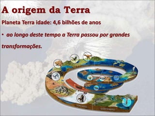 A origem da Terra
Planeta Terra idade: 4,6 bilhões de anos
• ao longo deste tempo a Terra passou por grandes
transformações.
 