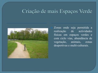 Criação de mais Espaços VerdeZonas onde seja permitida a realização de actividades físicas em espaços verdes e com ciclo vias, abundância de vegetação, animais, zonas desportivas e multi-culturais.