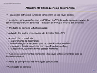 IMPLICAÇÕES DO ALARGAMENTO
19
Alargamento Consequências para Portugal
 as políticas estruturais europeias concentram-se nos novos países;
 as ajudas para as regiões com um PIB/hab < a75% da média europeias deixam de
ser recebidas por muitos territórios (18 regiões de Portugal estão a ser afetadas);
 Produção de aumento virtual da riqueza;
 A divisão dos fundos comunitários são divididos 50% -50%
 Aumento da concorrência
»» agravamento do desemprego
»» deslocalização de empresas para os novos Estados membros
»» vantagens fiscais superiores nos novos Estados membros
»» Atração do IDE para os novos Estados membros
 Aumento dos movimentos migratórios dos novos Estados membros para os
Estados mais ricos
 Perda de peso político nas instituições comunitárias
Acentuação da periferia
 