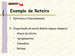 Estrutura e Funcionamento Organização da escola âmbito espaço-temporal Níveis de oferta Agrupamentos Calendário Rotinas Exemplo de Roteiro 