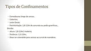 Tipos de Confinamentos
• Comedouros longe de cercas;
• Cobertos;
• Leste-Oeste;
• Pavimentação: 1,8-2,0m de concreto ou pedra graníticas;
Divisão:
• altura: 1,8-2,0m/ madeira;
• Distância: 1,5-2,0m;
• Deve ser estendido para acesso ao curral de manobras.
 