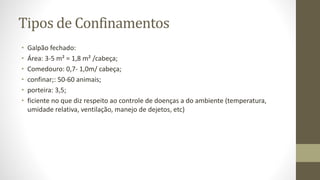 Tipos de Confinamentos
• Galpão fechado:
• Área: 3-5 m² = 1,8 m² /cabeça;
• Comedouro: 0,7- 1,0m/ cabeça;
• confinar;: 50-60 animais;
• porteira: 3,5;
• ficiente no que diz respeito ao controle de doenças a do ambiente (temperatura,
umidade relativa, ventilação, manejo de dejetos, etc)
 