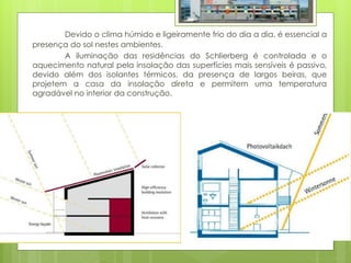 Devido o clima húmido e ligeiramente frio do dia a dia, é essencial a
presença do sol nestes ambientes.
A iluminação das residências do Schlierberg é controlada e o
aquecimento natural pela insolação das superfícies mais sensíveis é passivo,
devido além dos isolantes térmicos, da presença de largos beiras, que
projetem a casa da insolação direta e permitem uma temperatura
agradável no interior da construção.
 
