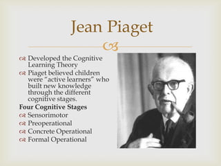 Jean Piaget


 Developed the Cognitive
Learning Theory
 Piaget believed children
were “active learners” who
built new knowledge
through the different
cognitive stages.
Four Cognitive Stages
 Sensorimotor
 Preoperational
 Concrete Operational
 Formal Operational

 