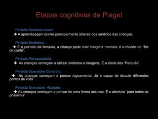 Etapas cognitivas de Piaget
   Período Sensório-motor::
   A aprendizagem ocorre principalmente através dos sentidos das crianças.

    Período Simbólico:
   É o período da fantasia, a criança pode criar imagens mentais; é o mundo do “faz
de conta”.

   Período Pré-operatório:
   As crianças começam a utilizar símbolos e imagens. É a idade dos “Porquês”.

   Período Operatório Concreto:
  As crianças começam a pensar logicamente. Já é capaz de discutir diferentes
pontos de vista.

   Período Operatório Abstrato:
   As crianças começam a pensar de uma forma abstrata. É a abertura “para todos os
possíveis”
 
