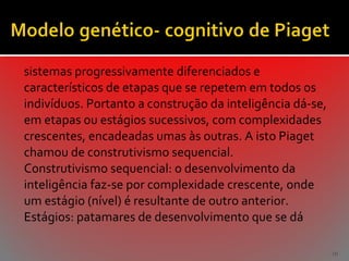 sistemas progressivamente diferenciados e
característicos de etapas que se repetem em todos os
indivíduos. Portanto a construção da inteligência dá-se,
em etapas ou estágios sucessivos, com complexidades
crescentes, encadeadas umas às outras. A isto Piaget
chamou de construtivismo sequencial.
Construtivismo sequencial: o desenvolvimento da
inteligência faz-se por complexidade crescente, onde
um estágio (nível) é resultante de outro anterior.
Estágios: patamares de desenvolvimento que se dá
10

 