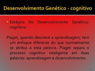 

Estágios Do Desenvolvimento Genéticocognitivo

Piaget, quando descreve a aprendizagem, tem
um enfoque diferente do que normalmente
se atribui à esta palavra. Piaget separa o
processo cognitivo inteligente em duas
palavras: aprendizagem e desenvolvimento.
12

 