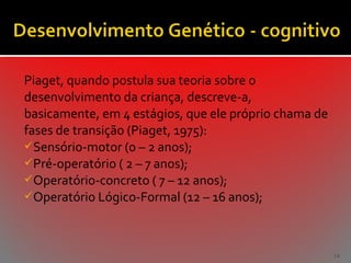 Piaget, quando postula sua teoria sobre o
desenvolvimento da criança, descreve-a,
basicamente, em 4 estágios, que ele próprio chama de
fases de transição (Piaget, 1975):
Sensório-motor (0 – 2 anos);
Pré-operatório ( 2 – 7 anos);
Operatório-concreto ( 7 – 12 anos);
Operatório Lógico-Formal (12 – 16 anos);

14

 