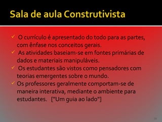 O currículo é apresentado do todo para as partes,
com ênfase nos conceitos gerais.
 As atividades baseiam-se em fontes primárias de
dados e materiais manipuláveis.
 Os estudantes são vistos como pensadores com
teorias emergentes sobre o mundo.
 Os professores geralmente comportam-se de
maneira interativa, mediante o ambiente para
estudantes. ["Um guia ao lado"]


35

 