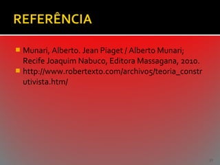 Munari, Alberto. Jean Piaget / Alberto Munari;
Recife Joaquim Nabuco, Editora Massagana, 2010.
 http://www.robertexto.com/archivo5/teoria_constr
utivista.htm/


37

 