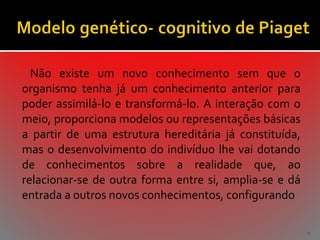 Não existe um novo conhecimento sem que o
organismo tenha já um conhecimento anterior para
poder assimilá-lo e transformá-lo. A interação com o
meio, proporciona modelos ou representações básicas
a partir de uma estrutura hereditária já constituída,
mas o desenvolvimento do indivíduo lhe vai dotando
de conhecimentos sobre a realidade que, ao
relacionar-se de outra forma entre si, amplia-se e dá
entrada a outros novos conhecimentos, configurando
9

 