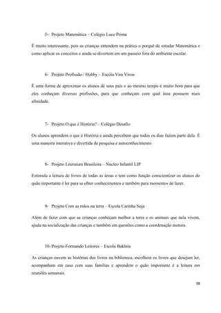 5- Projeto Matemática – Colégio Luce Prima

É muito interessante, pois as crianças entendem na prática o porquê de estudar Matemática e
como aplicar os conceitos e ainda se divertem em um passeio fora do ambiente escolar.



       6- Projeto Profissão / Hobby – Escola Vira Virou

É uma forma de aproximar os alunos de seus pais e ao mesmo tempo é muito bom para que
eles conheçam diversas profissões, para que conheçam com qual área possuem mais
afinidade.




       7- Projeto O que é História? – Colégio Desafio

Os alunos aprendem o que é História e ainda percebem que todos os dias fazem parte dela. É
uma maneira interativa e divertida de pesquisa e autoconhecimento.



       8- Projeto Literatura Brasileira – Núcleo Infantil LIP

Estimula a leitura de livros de todas as áreas e tem como função conscientizar os alunos do
quão importante é ler para se obter conhecimentos e também para momentos de lazer.




       9- Projeto Com as mãos na terra – Escola Carinha Suja

Além de fazer com que as crianças conheçam melhor a terra e os animais que nela vivem,
ajuda na socialização das crianças e também em questões como a coordenação motora.



       10- Projeto Formando Leitores – Escola Bakhita

As crianças ouvem as histórias dos livros na biblioteca, escolhem os livros que desejam ler,
acompanham em casa com suas famílias e aprendem o quão importante é a leitura em
reuniões semanais.

                                                                                         38
 