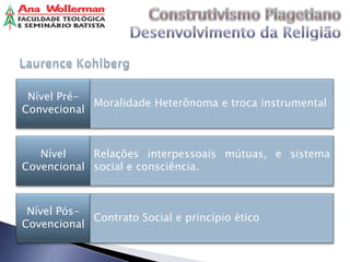 Nível Pré-
            Moralidade Heterônoma e troca instrumental
Convecional



   Nível    Relações interpessoais mútuas, e sistema
Covencional social e consciência.



 Nível Pós-
            Contrato Social e princípio ético
Covencional
 