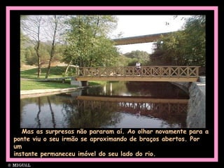 Mas as surpresas não pararam aí. Ao olhar novamente para a
ponte viu o seu irmão se aproximando de braços abertos. Por
um
instante permaneceu imóvel do seu lado do rio.
 