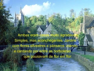 Ambas eram casas muito agradáveis. Simples, mas aconchegantes. Jardins  com flores silvestres e pássaros voando  e cantando por entre as borboletas  que pousavam de flor em flor.  