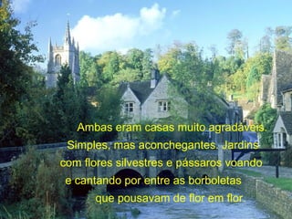 Ambas eram casas muito agradáveis.
Simples, mas aconchegantes. Jardins
com flores silvestres e pássaros voando
e cantando por entre as borboletas
que pousavam de flor em flor.
 