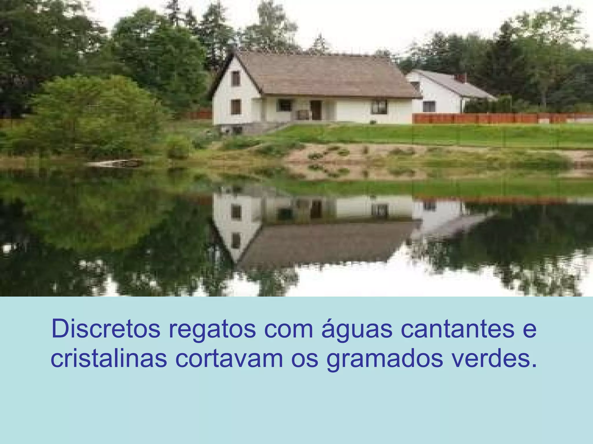 Discretos regatos com águas cantantes e cristalinas cortavam os gramados verdes. 