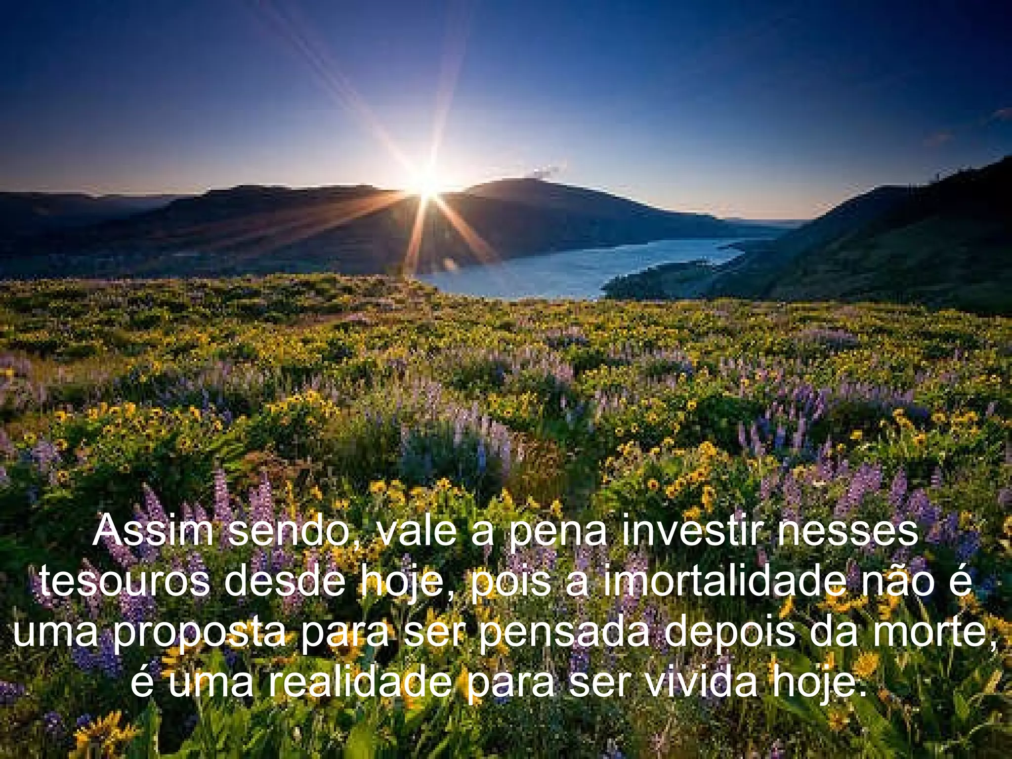 Assim sendo, vale a pena investir nesses tesouros desde hoje, pois a imortalidade não é uma proposta para ser pensada depois da morte, é uma realidade para ser vivida hoje.  