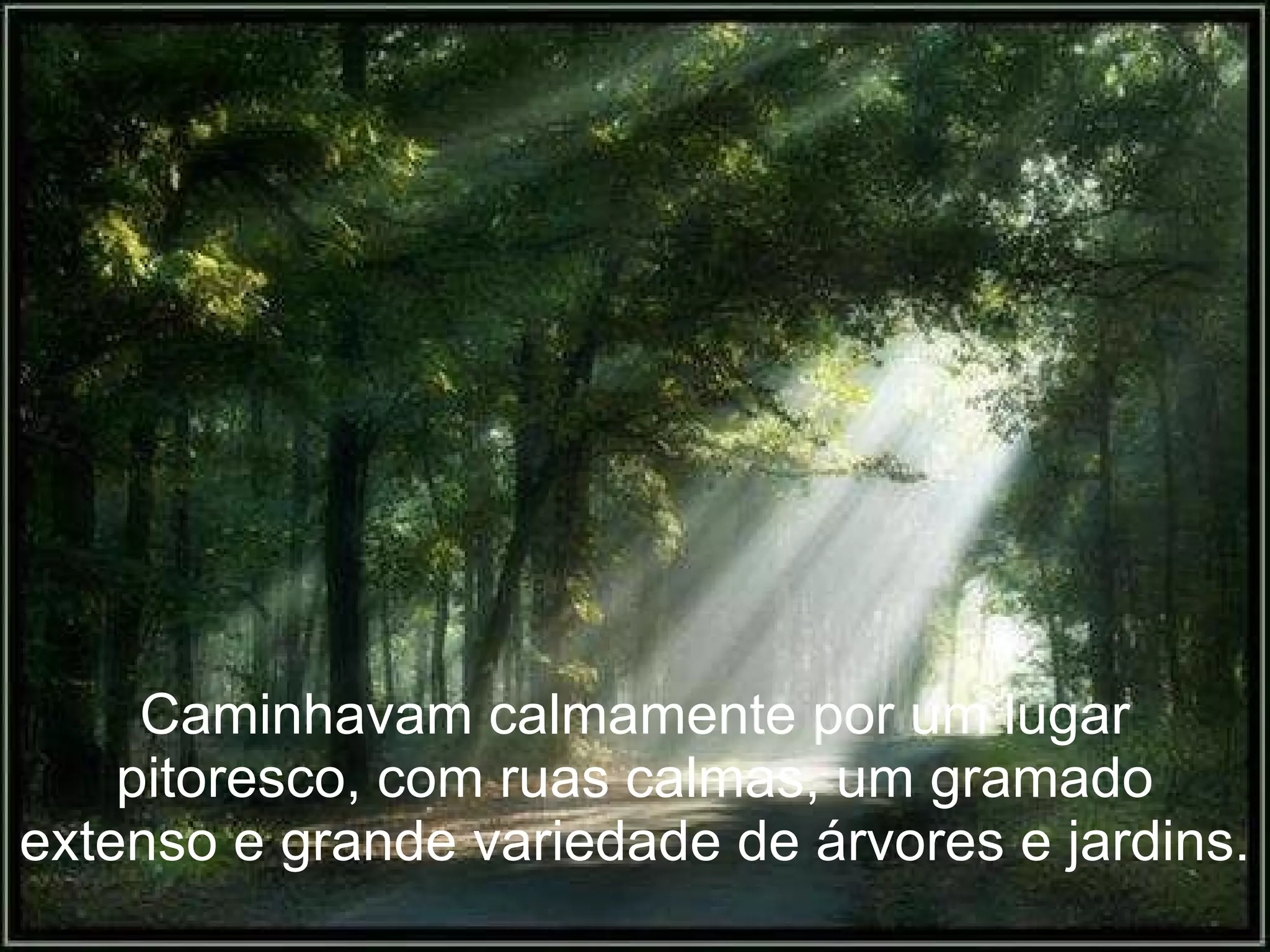 Caminhavam calmamente por um lugar pitoresco, com ruas calmas, um gramado extenso e grande variedade de árvores e jardins. 