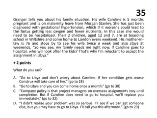 35
Granger tells you about his family situation. His wife Caroline is 5 months
pregnant and is on maternity leave from Morgan Stanley. She has just been
diagnosed with gestational hypertension, which if it worsens could lead to
the fœtus getting less oxygen and fewer nutrients. In this case she would
need to be hospitalized. Their 2 children, aged 12 and 7, are at boarding
school in Wiltshire and come home to London every weekend. His mother-in-
law is 76 and stops by to see his wife twice a week and also stays at
weekends. “So you see, my family needs me right now. If Caroline goes to
hospital, who will look after the kids? That’s why I’m reluctant to accept the
assignment in Libya.”
+ 2 points
What do you say?
A. “Go to Libya and don’t worry about Caroline. If her condition gets worse
Construx will take care of her.” (go to 28)
B. “Go to Libya and you can come home once a month.” (go to 38)
C. “Company policy is that project managers on overseas assignments stay until
completion. But if Caroline does need to go to hospital, we’ll replace you
immediately.” (go to 32)
D. “I didn’t realize your problem was so serious. I’ll see if we can get someone
else, but you may have to go to Libya. I’ll call you this afternoon.” (go to 29)
 