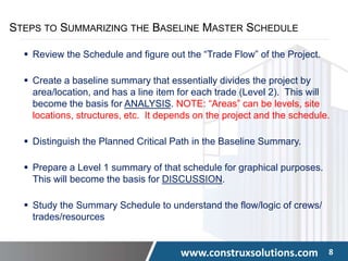www.construxsolutions.com 8
STEPS TO SUMMARIZING THE BASELINE MASTER SCHEDULE
 Review the Schedule and figure out the “Trade Flow” of the Project.
 Create a baseline summary that essentially divides the project by
area/location, and has a line item for each trade (Level 2). This will
become the basis for ANALYSIS. NOTE: “Areas” can be levels, site
locations, structures, etc. It depends on the project and the schedule.
 Distinguish the Planned Critical Path in the Baseline Summary.
 Prepare a Level 1 summary of that schedule for graphical purposes.
This will become the basis for DISCUSSION.
 Study the Summary Schedule to understand the flow/logic of crews/
trades/resources
 