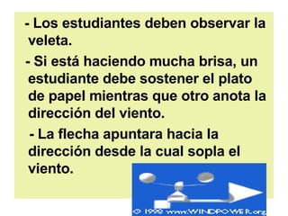- Los estudiantes deben observar la veleta.  - Si está haciendo mucha brisa, un estudiante debe sostener el plato de papel mientras que otro anota la dirección del viento.  - La flecha apuntara hacia la dirección desde la cual sopla el viento.  