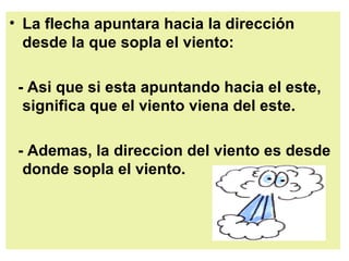 La flecha apuntara hacia la dirección desde la que sopla el viento: - Asi que si esta apuntando hacia el este, significa que el viento viena del este.  - Ademas, la direccion del viento es desde donde sopla el viento.   