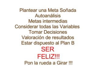 Plantear una Meta Soñada  Autoanálisis  Metas intermedias  Considerar todas las Variables   Tomar Decisiones  Valoración de resultados  Estar dispuesto al Plan B  SER  FELIZ!!! Pon la rueda a Girar !!! 