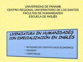 UNIVERSIDAD DE PANAMÁ
CENTRO REGIONAL UNIVERSITARIO DE LOS SANTOS
FACULTAD DE HUMANIDADES
ESCUELA DE INGLÉS

 
