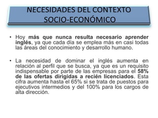 • Hoy más que nunca resulta necesario aprender
inglés, ya que cada día se emplea más en casi todas
las áreas del conocimiento y desarrollo humano.
• La necesidad de dominar el inglés aumenta en
relación al perfil que se busca, ya que es un requisito
indispensable por parte de las empresas para el 58%
de las ofertas dirigidas a recién licenciados. Esta
cifra aumenta hasta el 65% si se trata de puestos para
ejecutivos intermedios y del 100% para los cargos de
alta dirección.

 