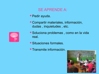 SE APRENDE A: 
 Pedir ayuda. 
Compartir materiales, información, 
dudas , inquietudes , etc. 
 Soluciona problemas , como en la vida 
real. 
 Situaciones formales. 
 Transmite información. 
 