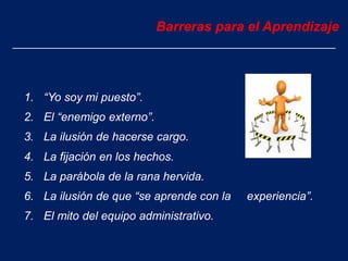 Barreras para el Aprendizaje
1. “Yo soy mi puesto”.
2. El “enemigo externo”.
3. La ilusión de hacerse cargo.
4. La fijación en los hechos.
5. La parábola de la rana hervida.
6. La ilusión de que “se aprende con la experiencia”.
7. El mito del equipo administrativo.
 