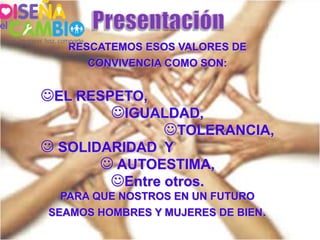 RESCATEMOS ESOS VALORES DE
      CONVIVENCIA COMO SON:


EL RESPETO,
        IGUALDAD,
               TOLERANCIA,
 SOLIDARIDAD Y
        AUTOESTIMA,
        Entre otros.
  PARA QUE NOSTROS EN UN FUTURO
SEAMOS HOMBRES Y MUJERES DE BIEN.
 
