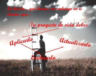 Lo hiciste…que bueno; sin embargo no te olvides que : Tu proyecto de vida debes Evaluarlo Actualizarlo Aplicarlo 